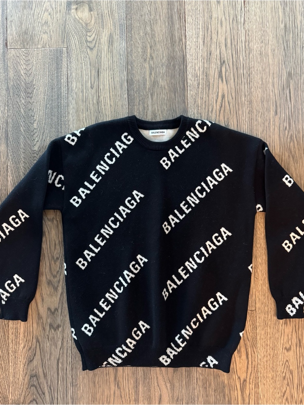 Balenciaga Black Crewneck Sweater with White All-Over Logo